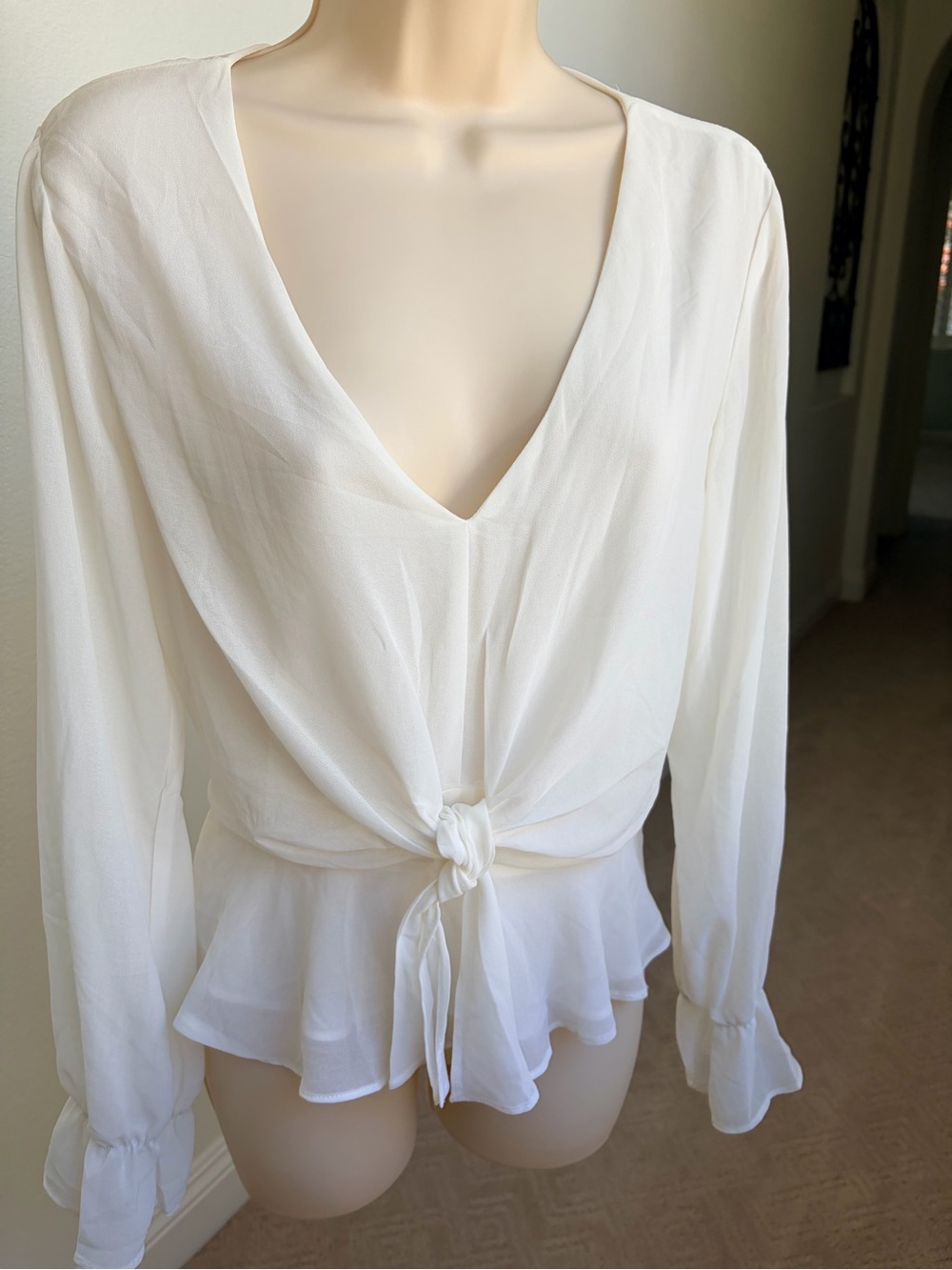 Timing White V-Neck Tie-Front Peplum Blouse